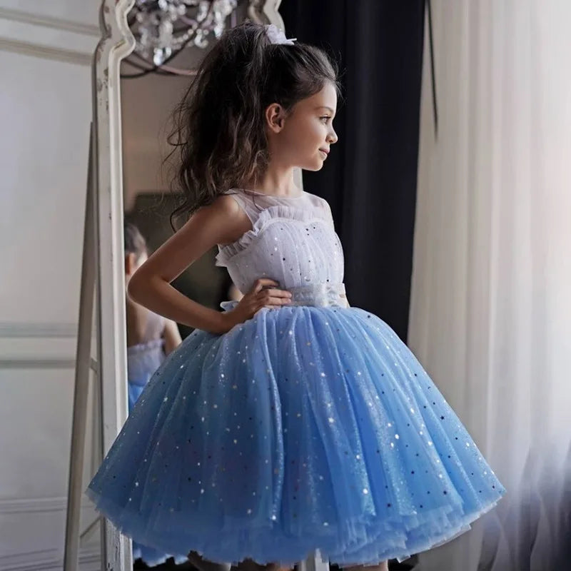 New Baby Kids Girls Elegant Printed Butterfly Flower Princess Party Tutu Dresses Children Sequins Wedding Evening Girl Clothes