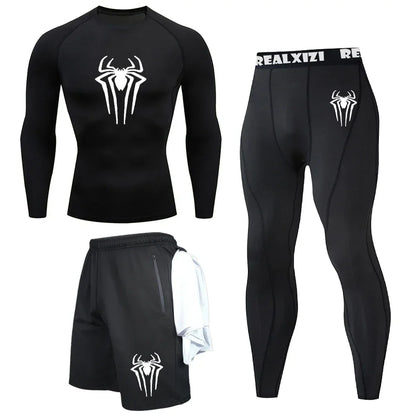 Bat Graphic Print Long Sleeve Set Men's Compression T-Shirt Shorts Pants Suit 3 Piece Set Spring Summer Gym Fitness Sportswear