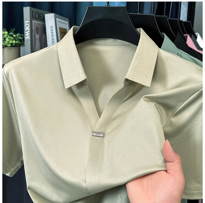 High quality ice silk short sleeve T-shirt men's lapel top trendy brand design cool silky breathable summer casual polo shirt