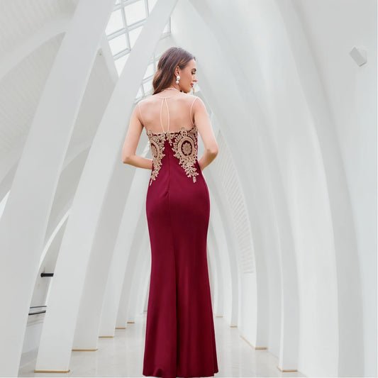 Burgundy Evening Dress Illusion O-Neck Sequins Appliques Sleeveless Mermaid Prom Dress Slim Empire Party Trumpet Gown