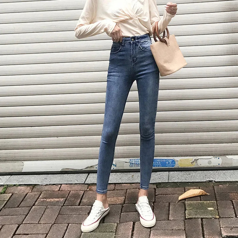 High waist skinny pencil denim pants women casual streetwear