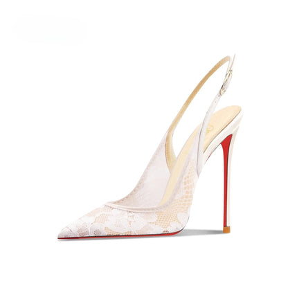 Black lace high-heeled sandals with pointed toes, thin heels, and shallow mouth, comfortable to wear with just one foot