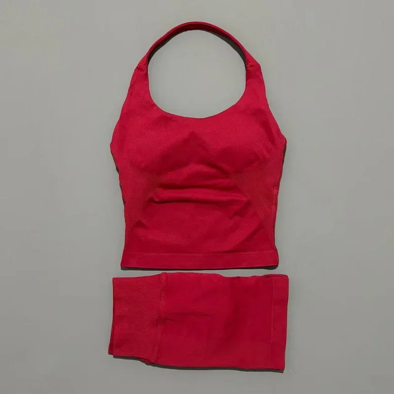 Women Seamless Gym Set 2Pcs Halter Neck Sports Crop Top High Waist Scrunch Butt Shorts Workout Fitness Yoga Tracksuit Sportswear