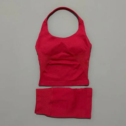 Women Seamless Gym Set 2Pcs Halter Neck Sports Crop Top High Waist Scrunch Butt Shorts Workout Fitness Yoga Tracksuit Sportswear