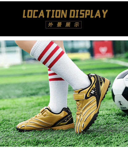 Fashion Gold Children's Football Shoes Outdoor Non-slip Turf Soccer Shoes Kids HOOK&LOOP Low-cut Sports Sneakers Child Trainers