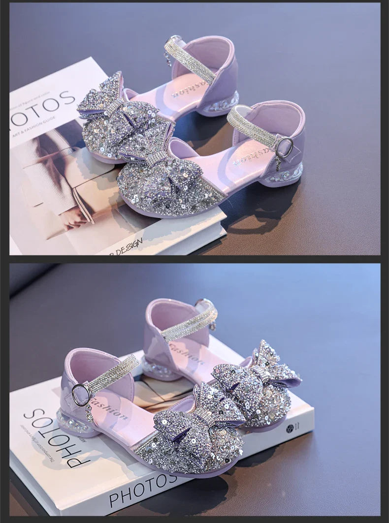 2025 Children's Crystal Princess Shoes bow Tie stylish summer new girls' head-wrapped sandals small high heels performance shoes