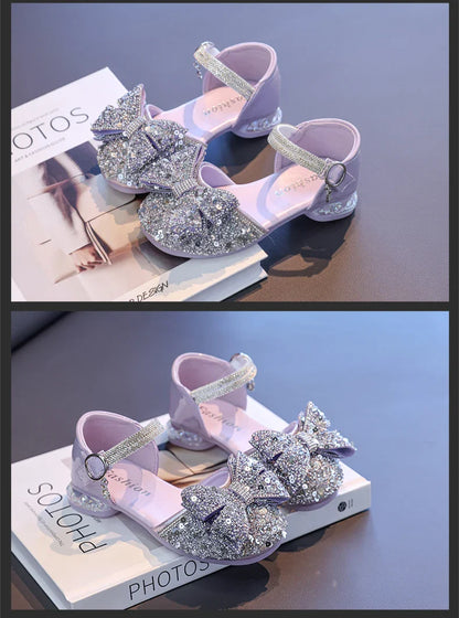 2025 Children's Crystal Princess Shoes bow Tie stylish summer new girls' head-wrapped sandals small high heels performance shoes