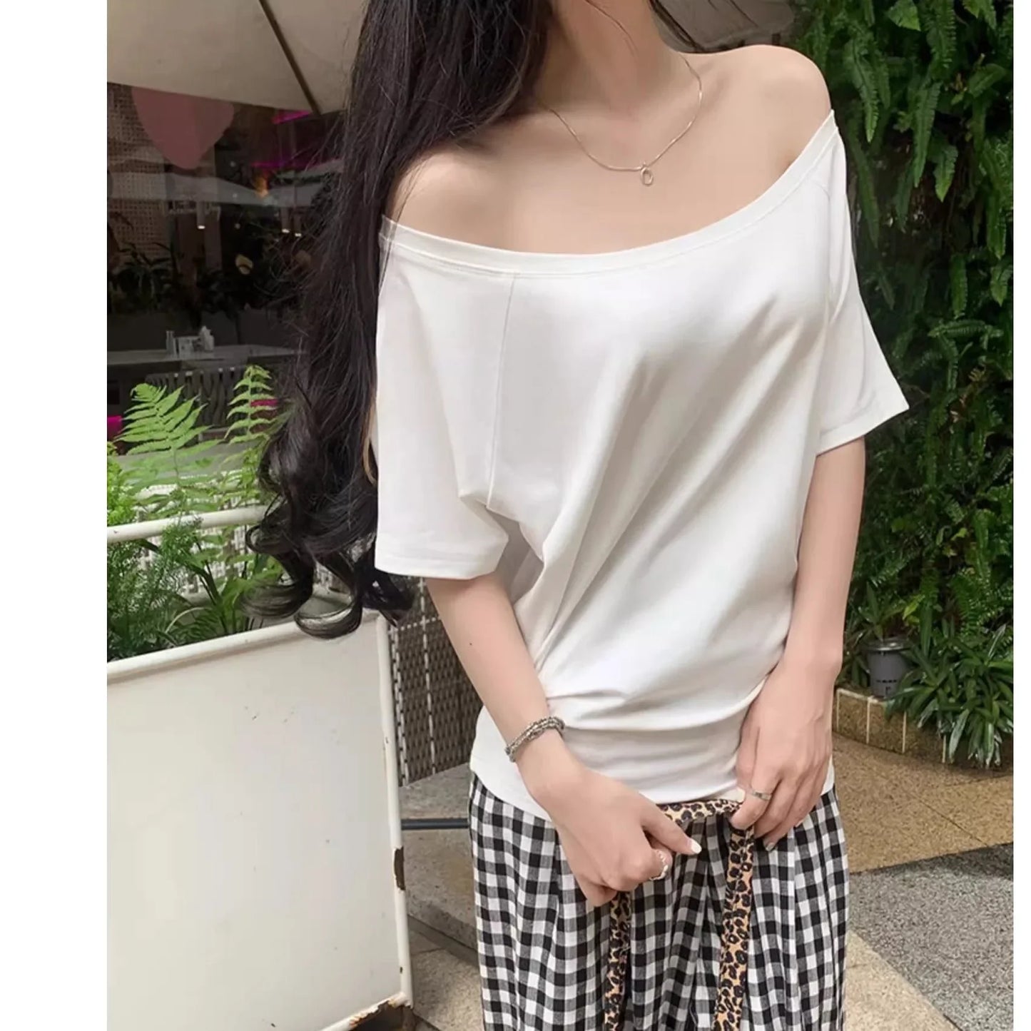 Autumn Winter One Shoulder Cotton Long Sleeve Slant Shoulder Women's Clothing Style Interior Wide Truffle Shoulder Base Shirt