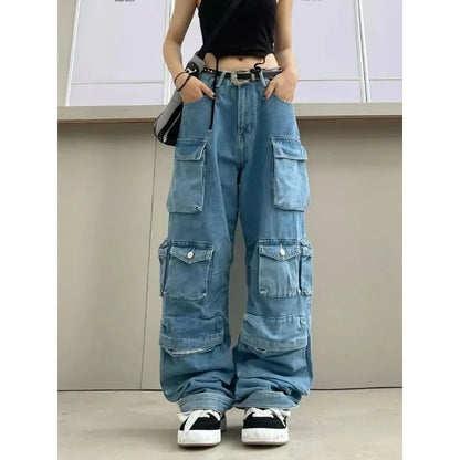 Multi-Pocket Blue Washed Jeans Cargo Pants