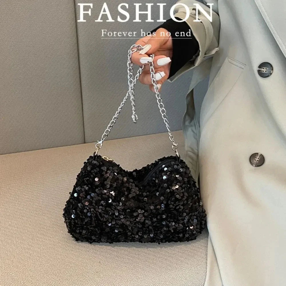 Solid Color Sequins Crossbody Bag Simple Chain INS Small Square Bag Handbag Underarm Bag Evening Clutch Bag Female