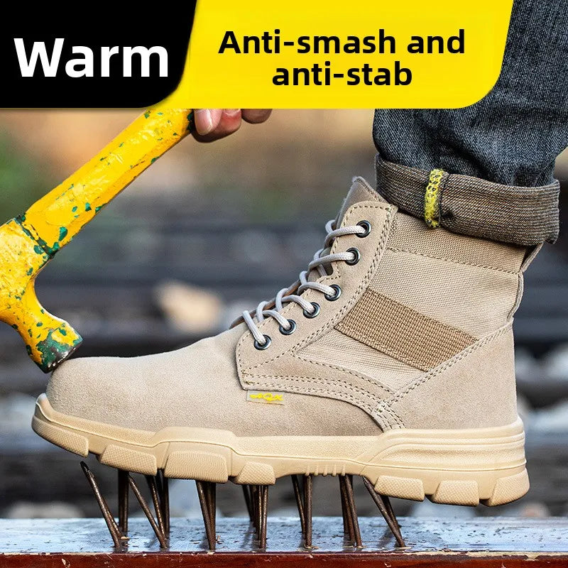 Men's Winter Wool Velvet Cotton Safety Work Shoes High Top Steel Toe Insulated Labor Protection Construction Shoes