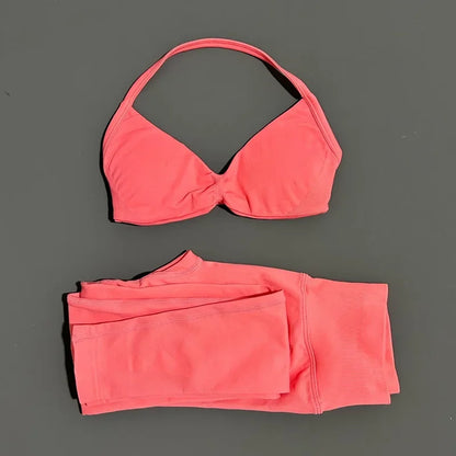 2 Piece Sports Set Women Yoga Backless Halter Bra High Waist Scrunch Seamless Pants Sport Suit Gym Sportswear Workout Set