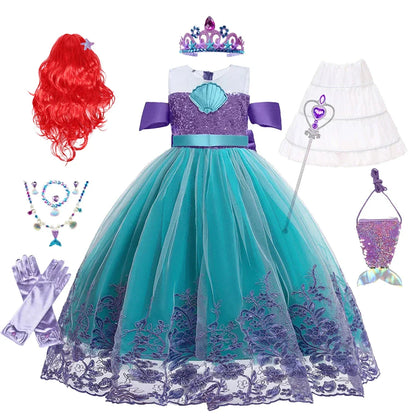 Vestido Ariel Pequena Sereia Princesa Fofa Menina Fantasia Cosplay Infantil Roupa de Festa Aniversário Halloween Vestido de Verão Menina