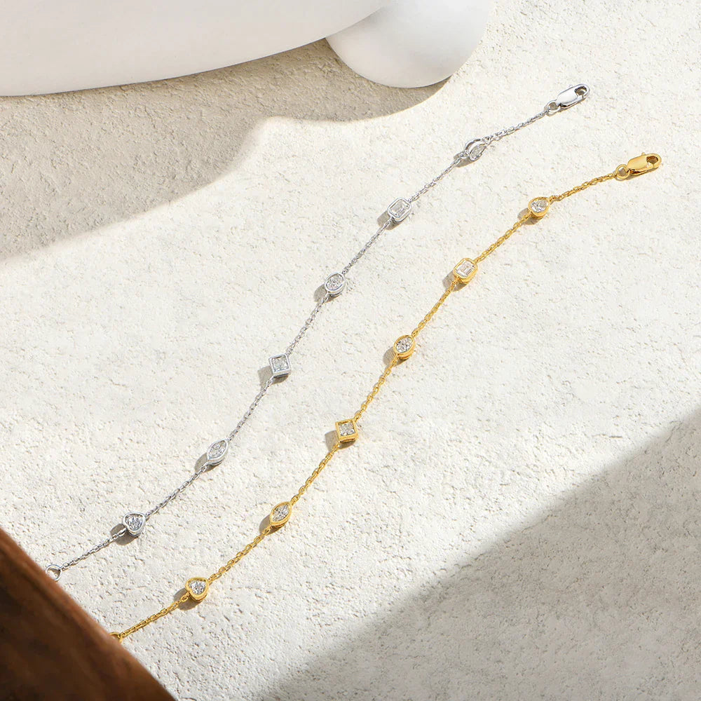 Mixed Cut Bezel Moissanite Bracelets for Women S925 Silver Adjustable Extension Chain Popular Jewelry for Wedding Party