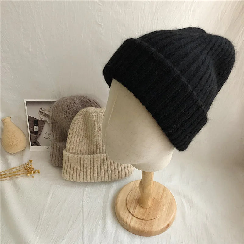 Winter Dome Brimless Casual Hat Warm Rabbit Fur Knit Hat women's double-layer Thick Wool Hat Casual Hat Toe Cap Cold Hat 4m868