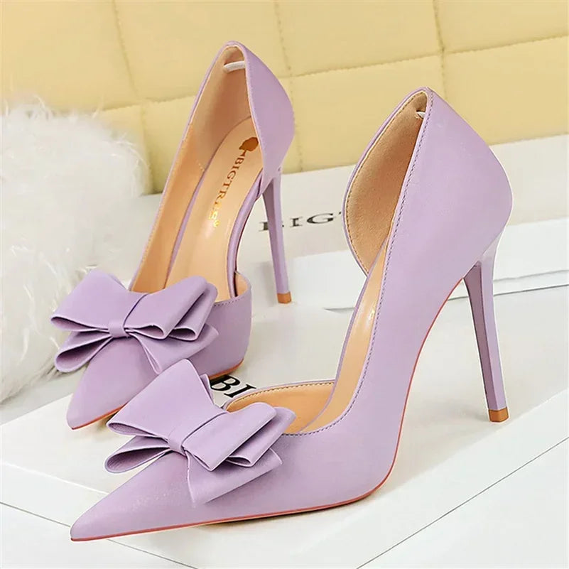 2024 Women 10.5cm High Heels Sweet Korean Side Hollow Pumps Lady Party Purple Green Kawaii Bowknot Heels Prom Silk Satin Shoes