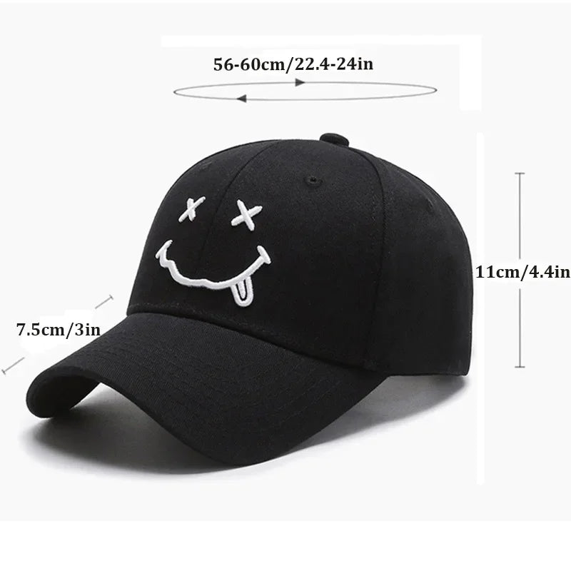 Women's Smiley Face Embroidery Baseball Caps Kpop Black Cotton Adjustable
