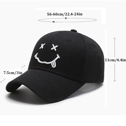 Women's Smiley Face Embroidery Baseball Caps Kpop Black Cotton Adjustable