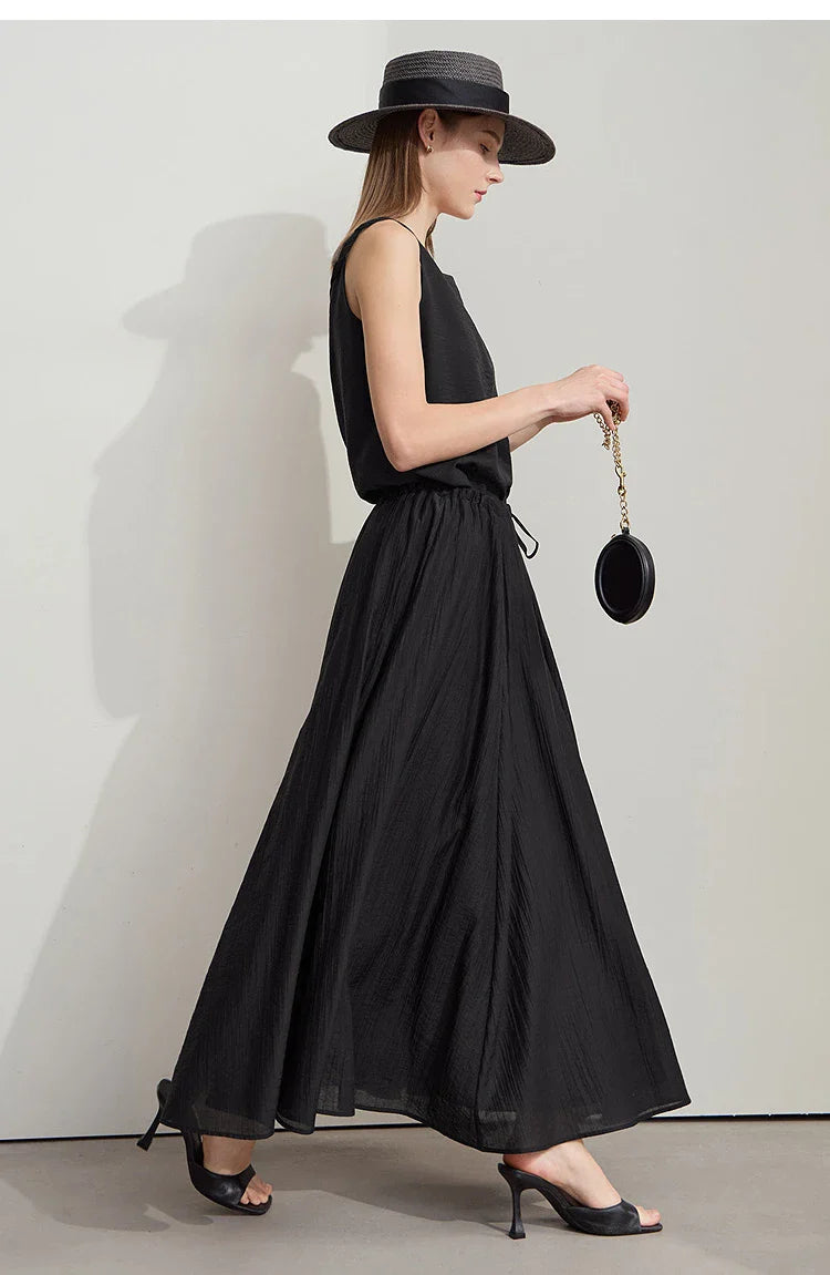 Minimalist New Summer Knee Length A-line Skirt Women Adjustable Drawstring Solid Color Commuting Style Loose Skirt 12522025