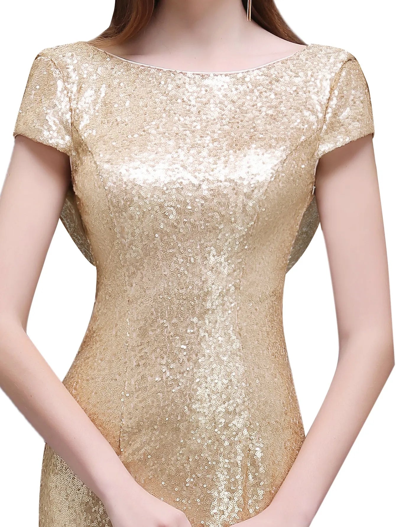 Champagne Sequins Bridesmaid Dresses Mermaid Rose Gold Short Sleeves O Neck Burgundy Summer Formal Wedding Party Guest Gown