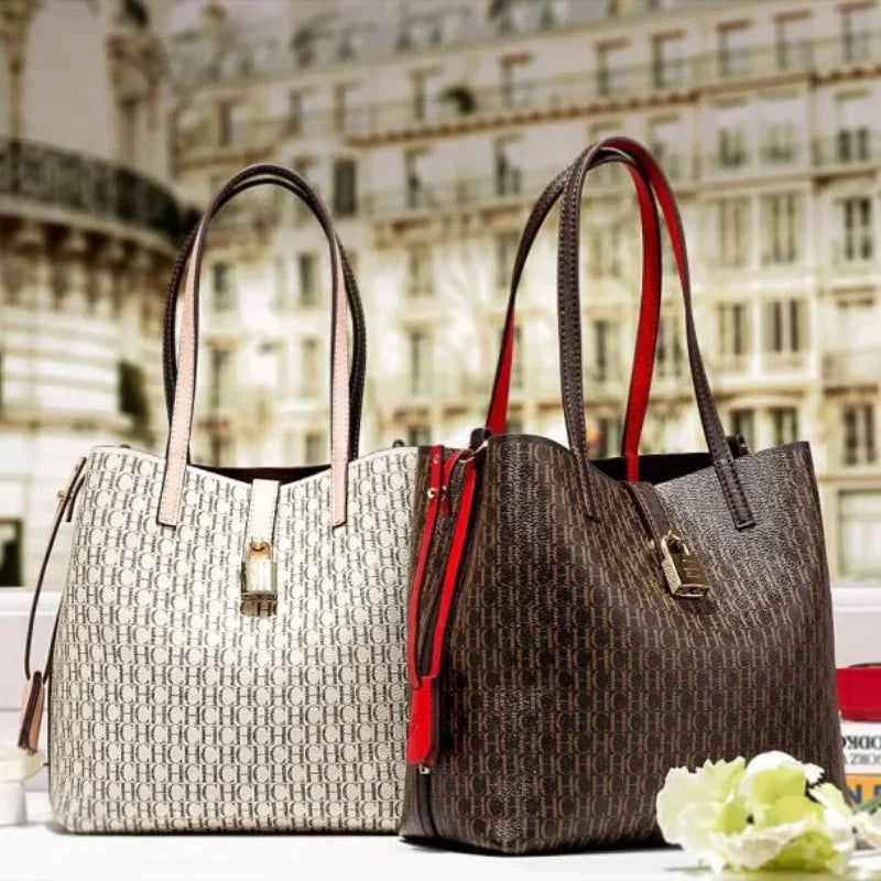Stylish Monogram Tote Bag Lock Decorative Detail Top Handles Detachable Crossbody Strap Fashion Shoulder Bag
