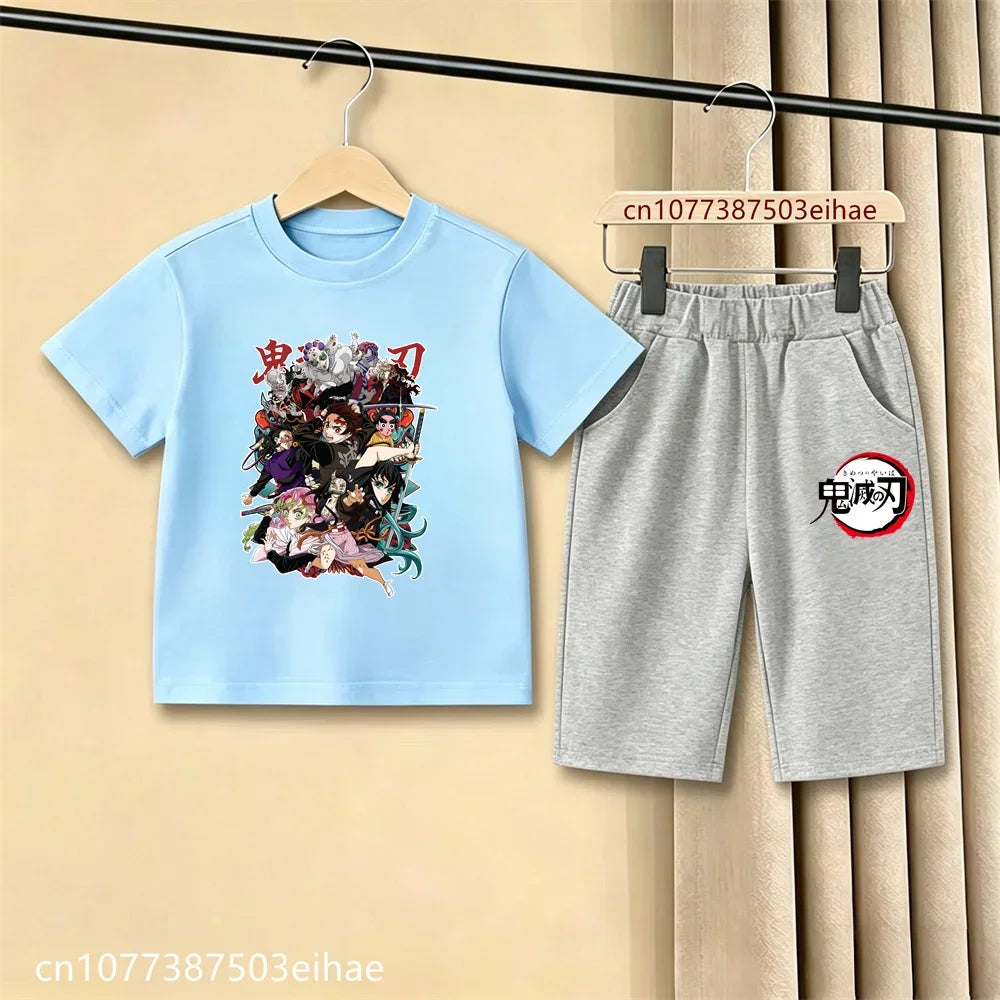 Demon Slayer Ghost Blade Character Print Kids T-Shirt Casual Shorts Anime Comic Design Summer Comfortable Daily Wear Outfit Set