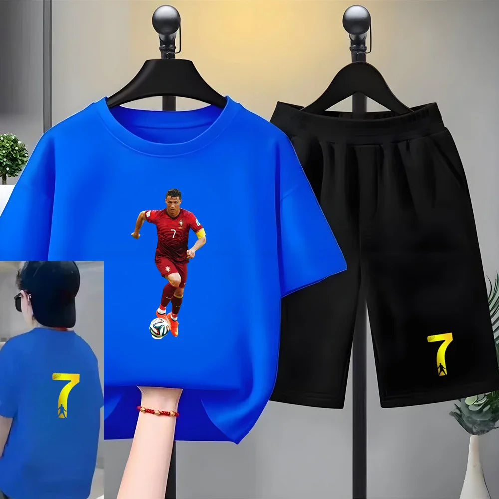 Children Football Player Player No. 7 Print Clothing Short-sleeved T-shirt+Shorts Boys Girls Toddler 3-12Yrs Sports Set Summer
