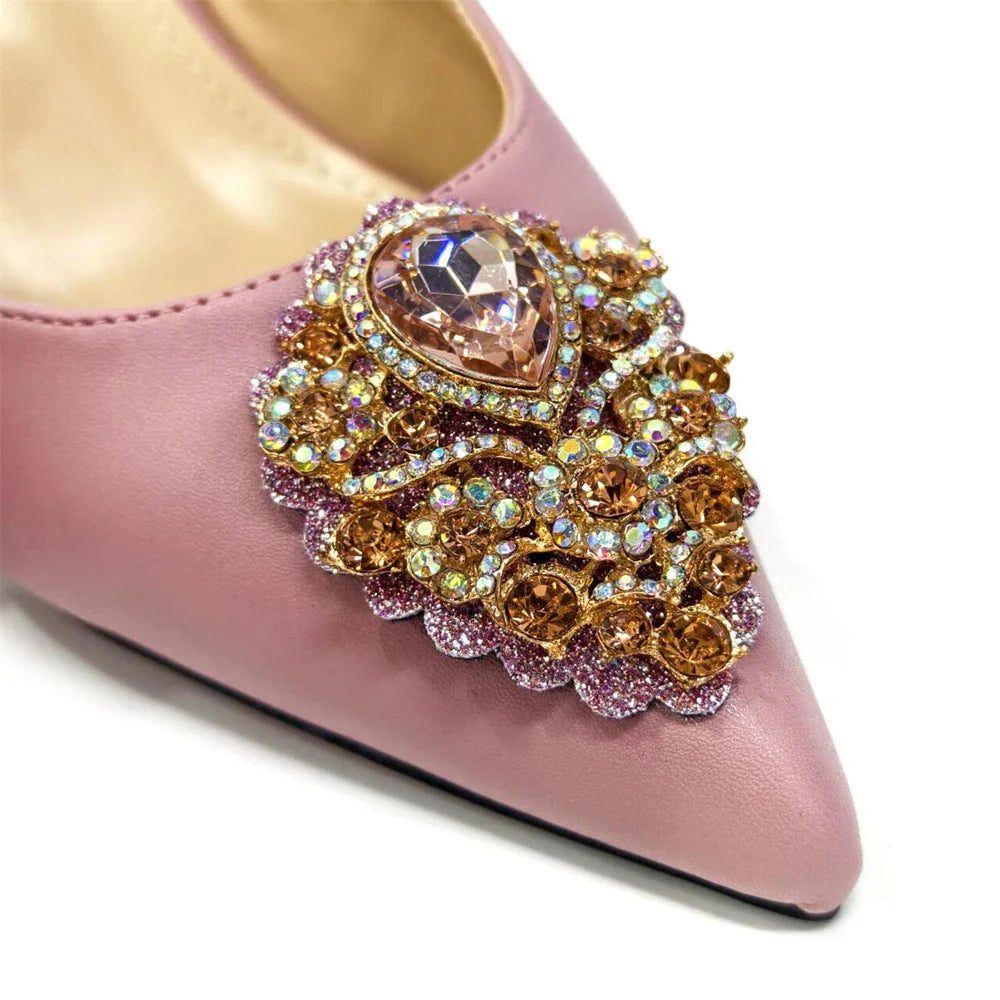 Sapatos e Bolsas Italianos Combinando Conjunto Nigéria Elegância Festa Strass Bico Fino Sapatos Femininos Salto Alto