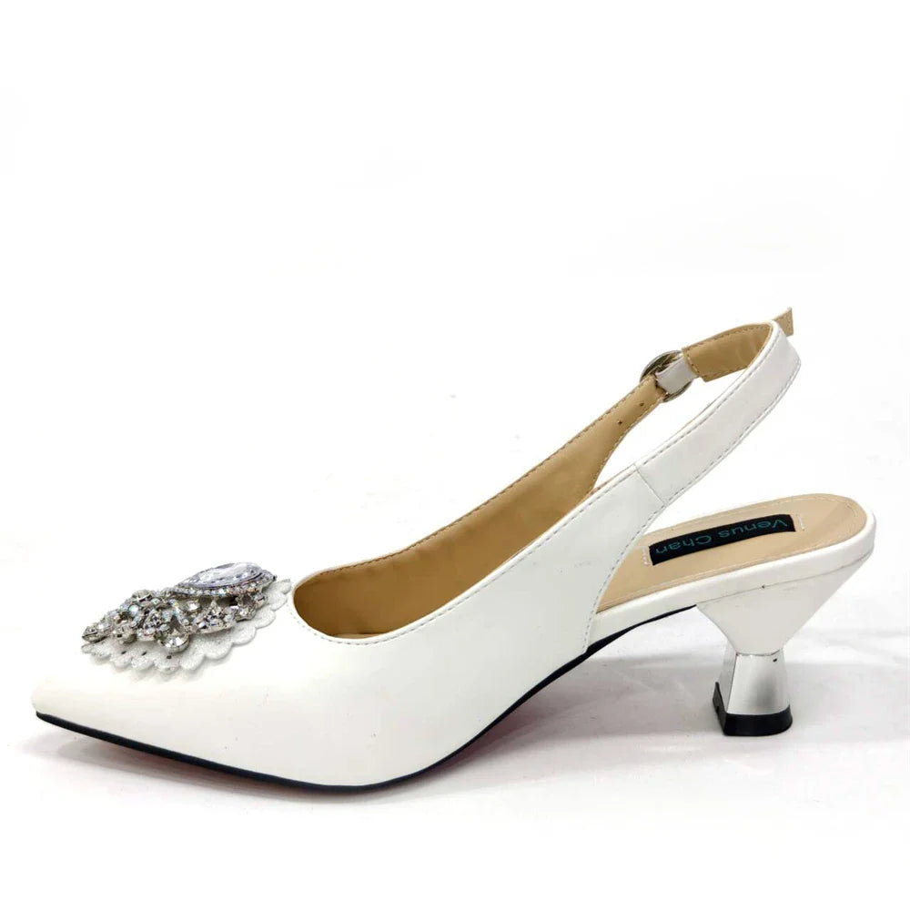 Latest Wedding Pointed Toe Women's Shoes High Heel White Color Rhinestones Party Ladies Shoes And Bag Set