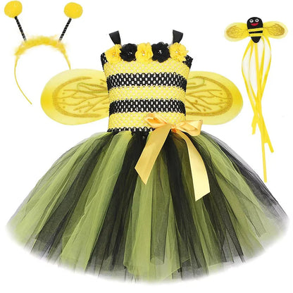Baby Girls Flower Honeybee Costumes for Kids Yellow Black Little Bee Tutu Dress with Wings Children Birthday Halloween Outfits