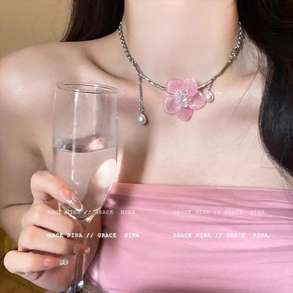 Romantic Niche Pink Sweet Flower Collarbone Chain Versatile Temperament Necklace Women's Pearl Fringe Collarbone Chain