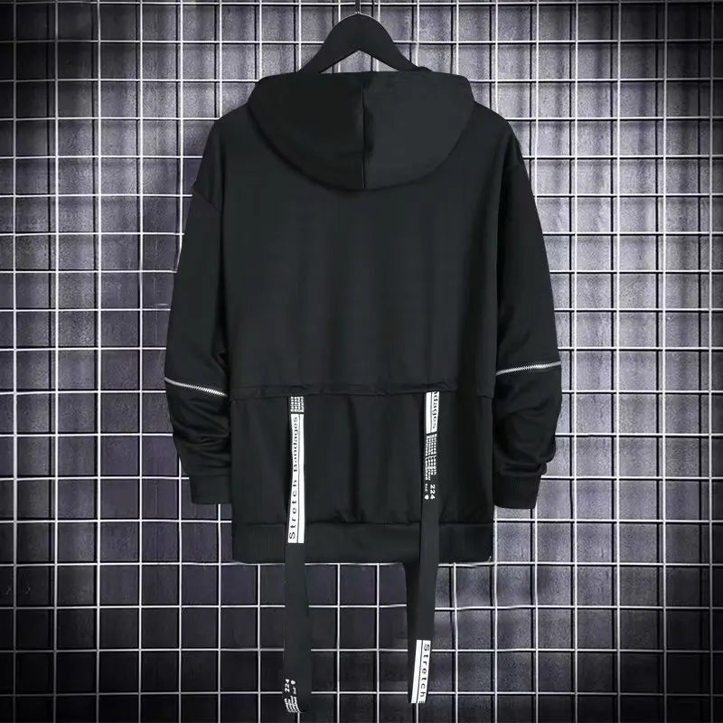 New Men's Hoodies Sweatshirt Autumn Casual Techwear Hip Hop Harajuku Hoodie Men Ribbons Patchwork Japanese Streetwear Darkwear
