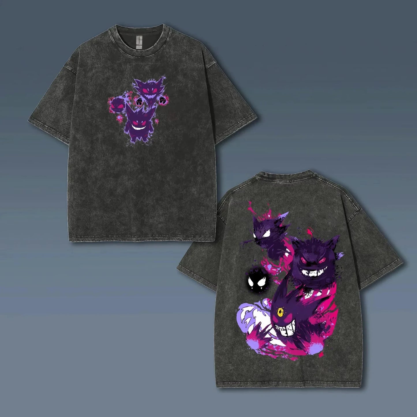 Animated Gengar Print Vintage Washed Short Sleeve T-Shirt Men and Women Summer Casual Fashion Clothing Cotton