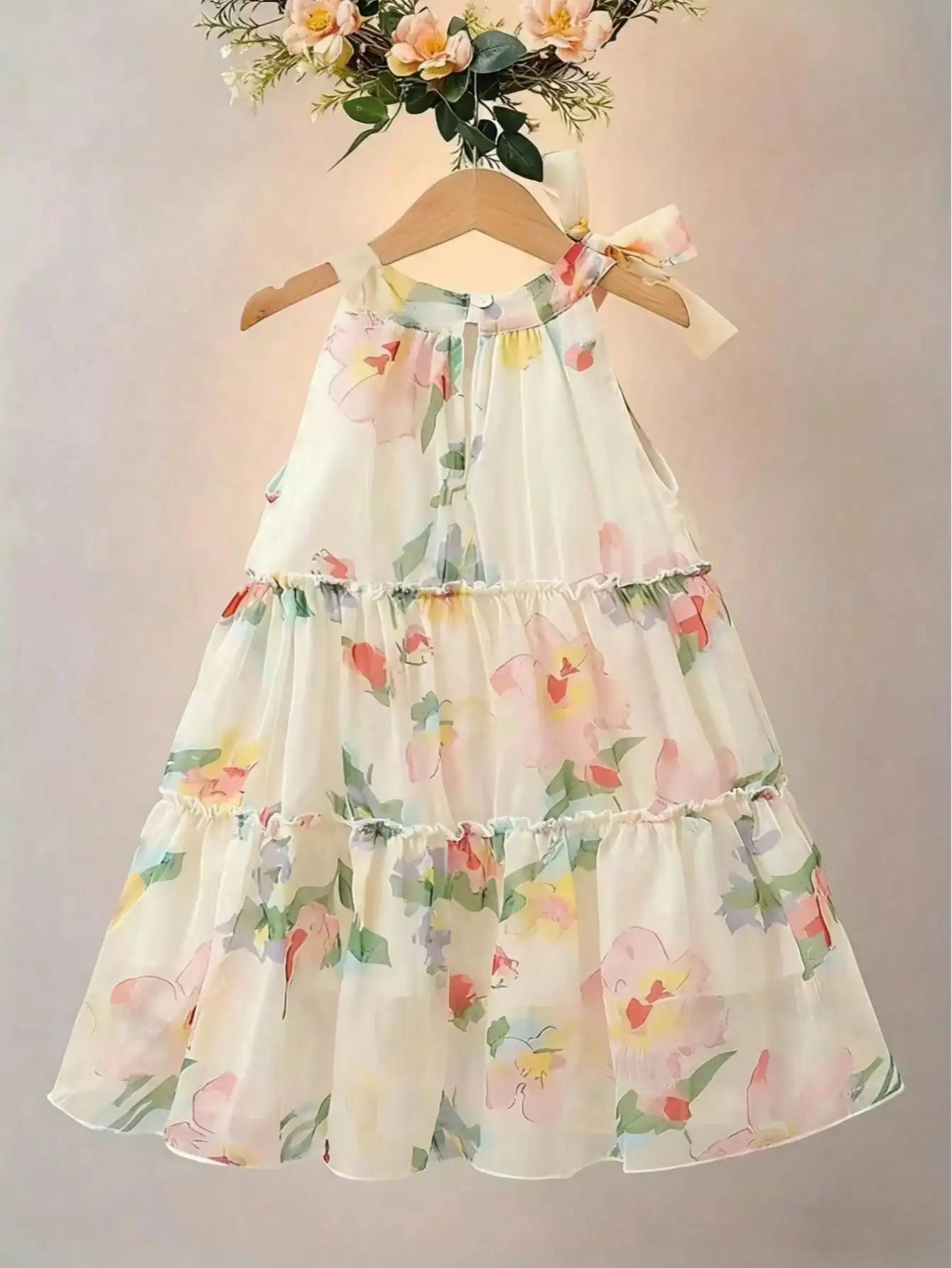 Girls' Floral Chiffon Princess Dress Summer Chic Boho Style Knee-Length with Bow Detail Perfect for Beach And Parties