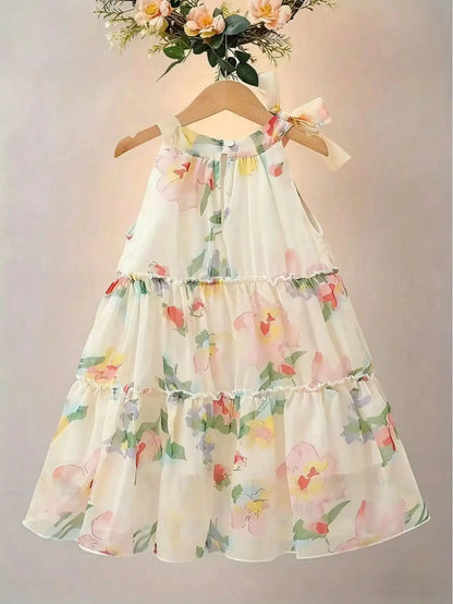 Girls' Floral Chiffon Princess Dress Summer Chic Boho Style Knee-Length with Bow Detail Perfect for Beach And Parties
