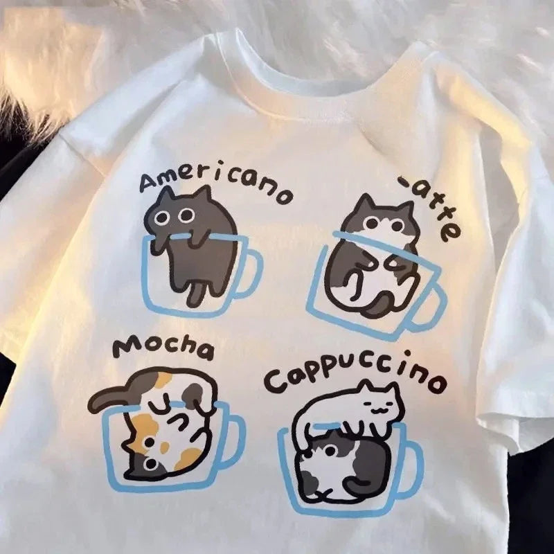 Camiseta Estampada de Café com Gato Feminina Verão Nova Gola Redonda Gato Fofo Casual Roupa de Verão Moda Gráfica Camisetas Y2K Top Vintage