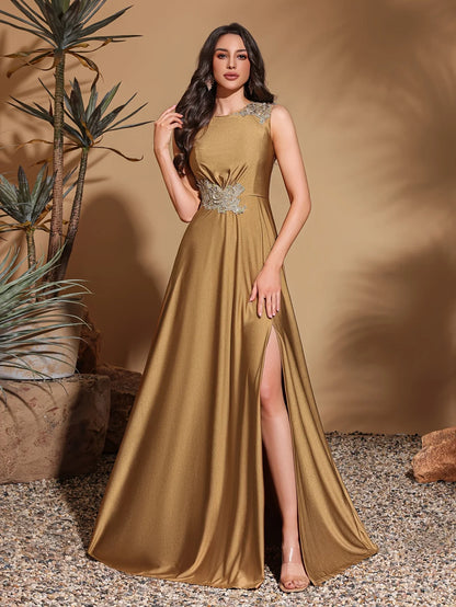 Asymmetrical applique sleeveless round neck slit back floor-length gown, women's long dress, party dress