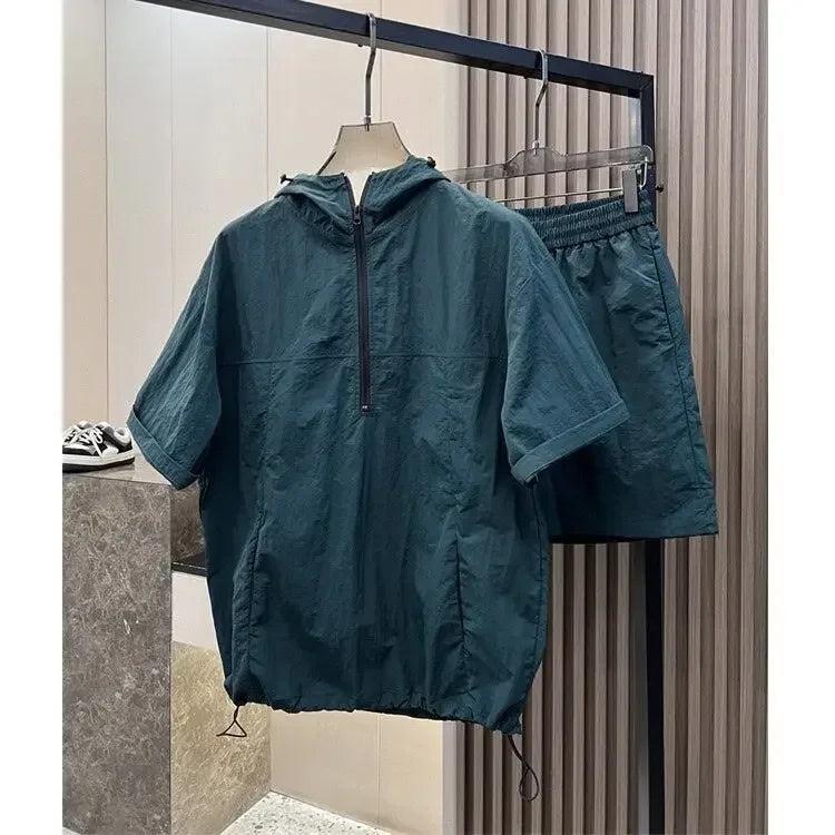 Summer Cargo Hooded Tracksuit Short Sleeve T-shirt Zipped and Shorts Outfits Quick Drying Solid Casual Outdoor Sport Clothes Set