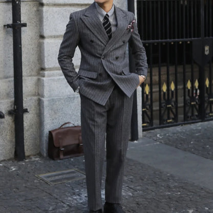 New Thick Style Stripes Herringbone Pattern Men's 2-Piece Suit Double-Breasted Slim Fit Jacket Trousers Vintage Braze Suit