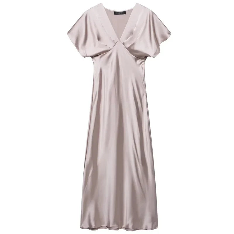 Midi Satin Dress Womens Dresses Black Khaki Blue Dress Summer 2025 Woman Ruffled V-Neck Bat Sleeve Vestido Party Dress 066