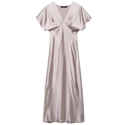 Midi Satin Dress Womens Dresses Black Khaki Blue Dress Summer 2025 Woman Ruffled V-Neck Bat Sleeve Vestido Party Dress 066