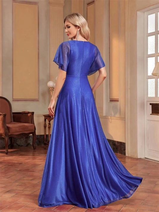 Elegant Royal V-neck Formal Evening Dress 2025 Women Short Sleeves Applique Wedding Party Dresses Long Gowns