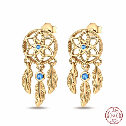 New in 925 Silver Romantic Feather Moon Stars Dream Catcher Earrings For Women Trending Fashion Jewelry Creative Birthday Gifts