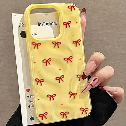 Red Bow Dots Folds Texture Phone Case For iPhone 11 Funda iPhone 17 13 14 15 16 Pro Max 12 Plus 14promax Shockproof Soft Cover