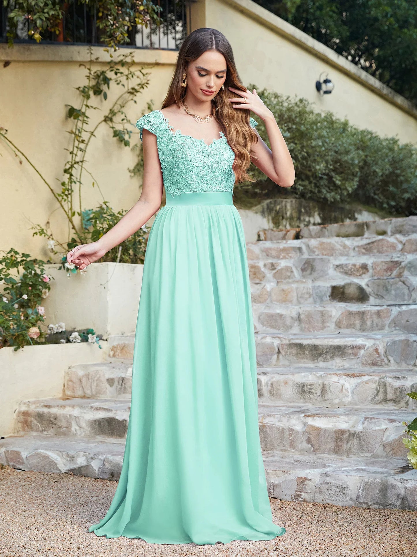 A-line V Neck Sleeveless Floral Lace Chiffon Back Hollow Long Paty Bridesmaid Dress Women 2024 For Wedding Sexy Evening Dress