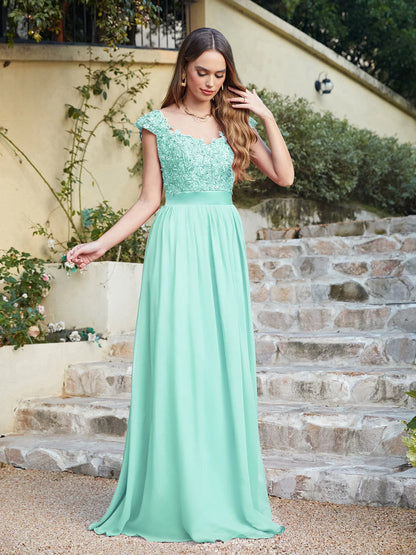A-line V Neck Sleeveless Floral Lace Chiffon Back Hollow Long Paty Bridesmaid Dress Women 2024 For Wedding Sexy Evening Dress