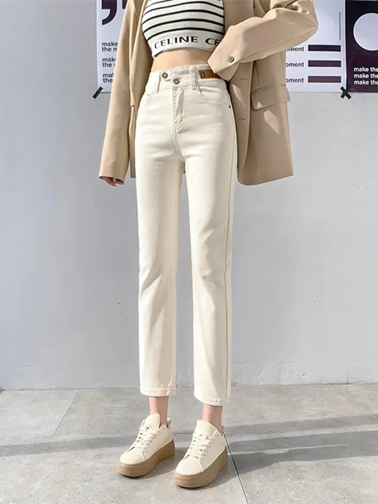 Slim Skinny Beige Jeans Women High Waist Vintage Push Up Jeans Easymatch Streetwear Korean Denim Ankle-Length Pants