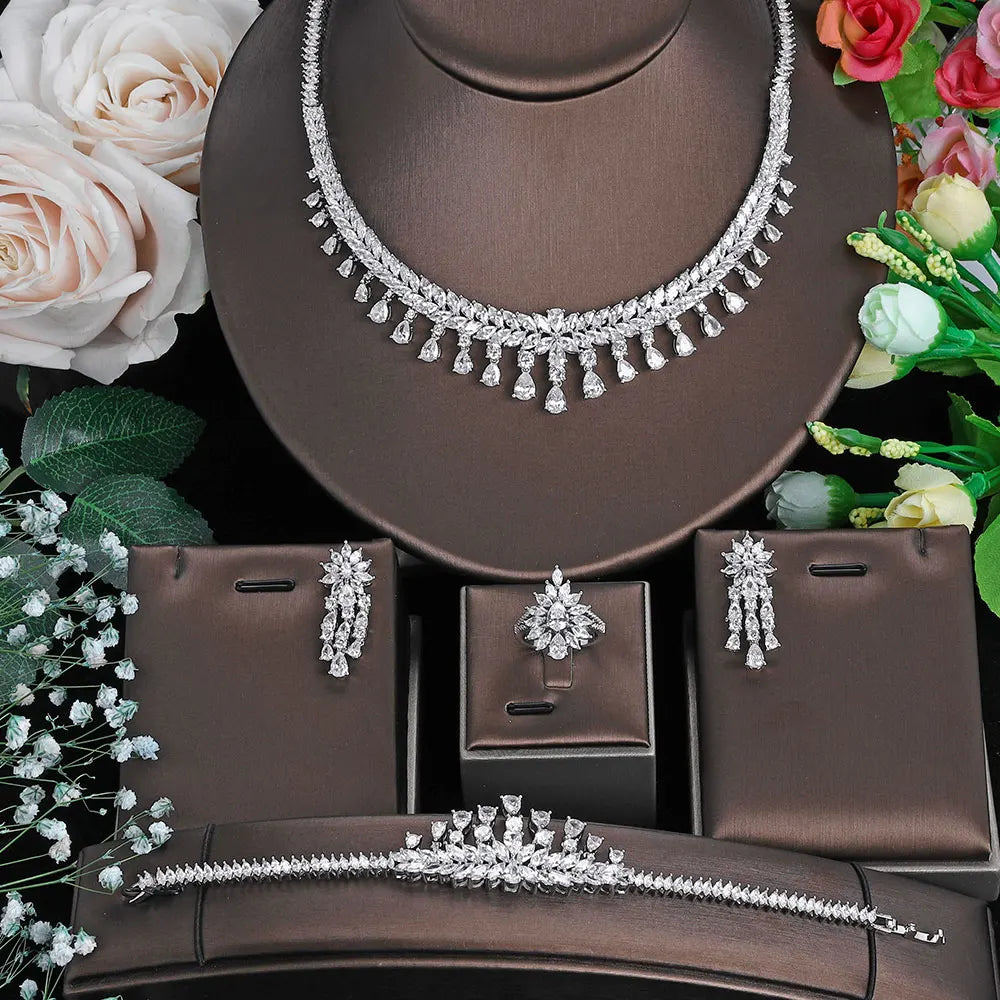 2023 New 4-piece Set Cubic zirconia Necklace Bridal Wedding Jewelry Set Hot in Saudi Arabia and Africa