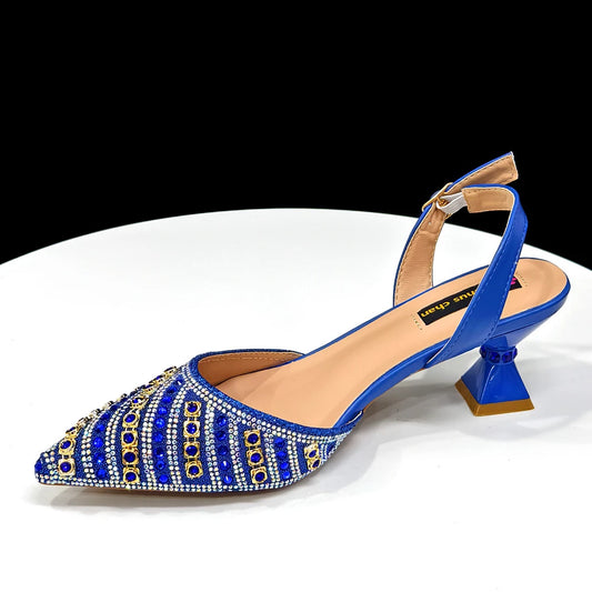 New Design Specials Italian Women Shoes and Bag Set Blue Color Comfortable Low Heels With Rhinestone