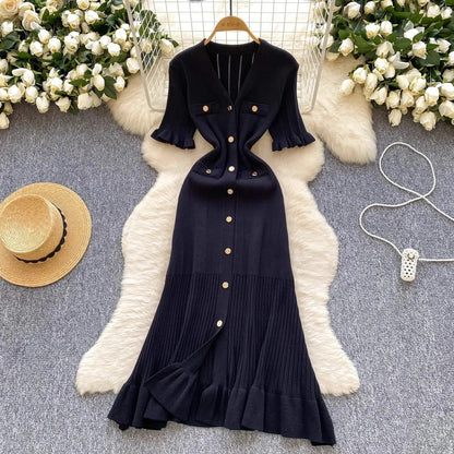 Fashion Vintage Knitted Long Dress Spring Summer Women Elegant V-neck Ruffled Bodycon Sweater Dress Party Vestido